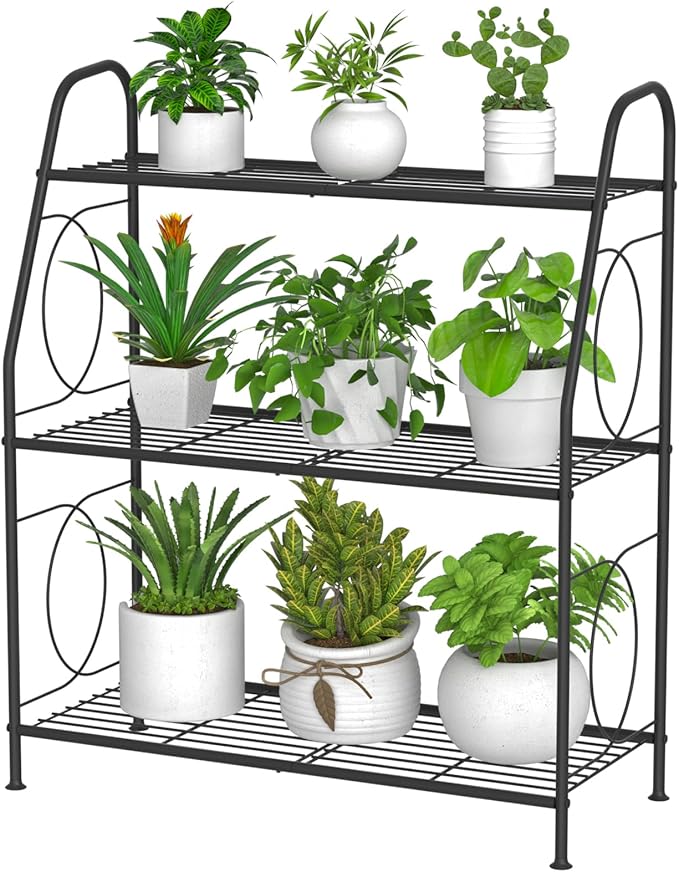 VyGrow Plant Stand, 3 Tier Plant Shelf for Indoor Outdoor, Heavy Duty Metal Outdoor Plant Stand Holder Rack for Living Room Balcony and Garden, Iron Wire, Black