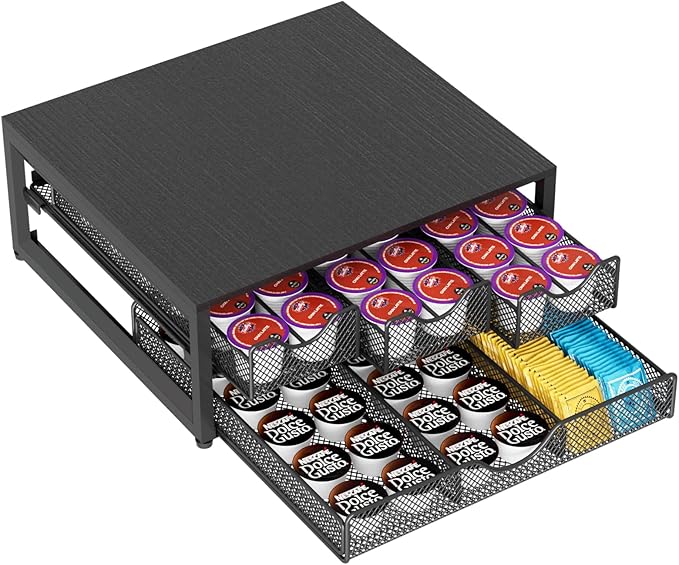 NEYCIL Coffee Pod Holder For Counter, 3 Pull-Out 72 K-Cup Holder Drawer, Wooden Cafe Pods Storage Organizer with Sliding Drawers for Coffee Station, Home, Kitchen, Office, Dorm, Black