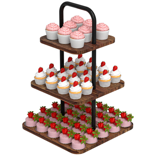 VyGrow Cupcake Stand 3-Tier Dessert Stand for 50 Cupcakes, Wood & Metal Tower Display Premium Holder Dessert Tree Tower for Christmas Birthday Weddings Party Decor, Serving Tray, Wood Brown