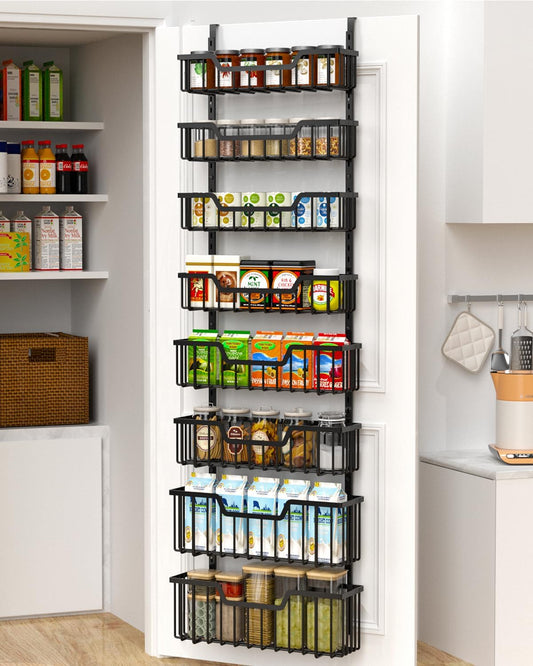 VyGrow Over The Door Pantry Organizer, 8-Tier Pantry Door Organizer Shelves | 3 Sizes | Adjustable Basket | Metal Hanging Spice Rack for Kitchen, Pantry, Cabinet, Back of Door Seasoning Rack, Black