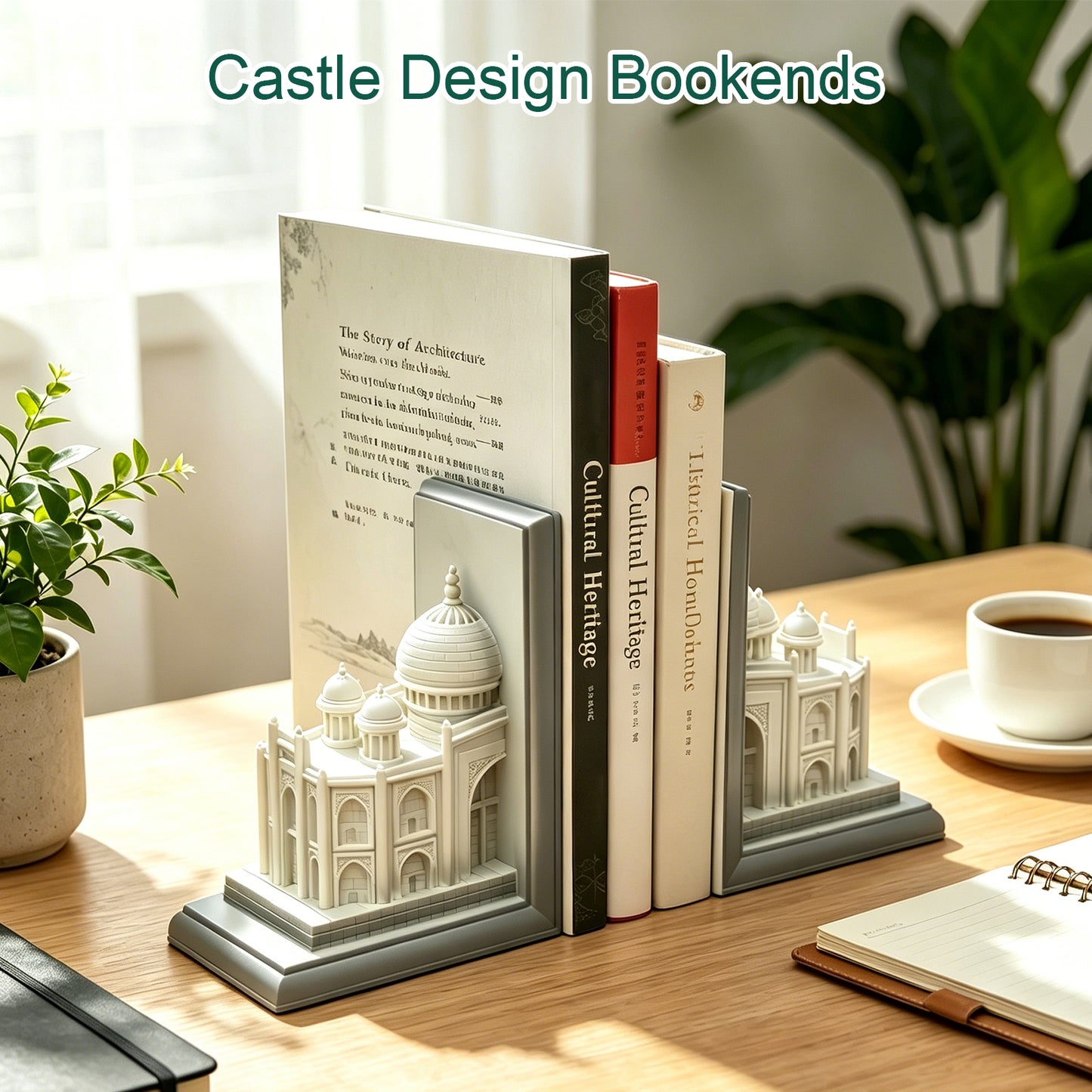 Book Ends for Shelves, Heavy Duty Decorative Bookends, Non-Skid Castle Design Book Holder for Heavy Books/CDs, Modern Aesthetic Resin Shelf Decor, Book Stopper for Home Office, Set of 2, White