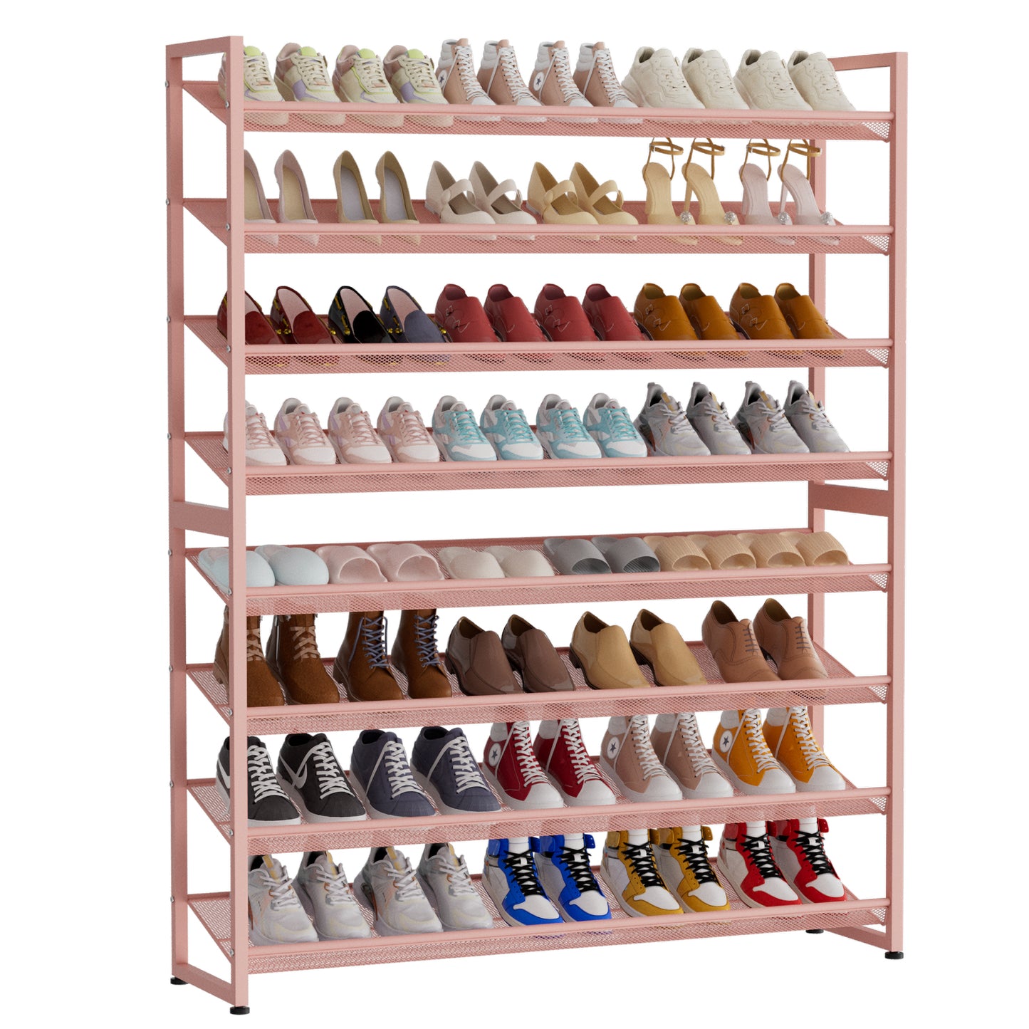 Large Shoe Rack 8 Tier Shoe Organizer, Heavy Duty Metal 4-Tier Stackable Shoe Storage Vertical Shoe Rack for Closet Front Door Entrance, Up to 50 Pairs, 44.8" W x 11.4" D x 56.7" H, Pink