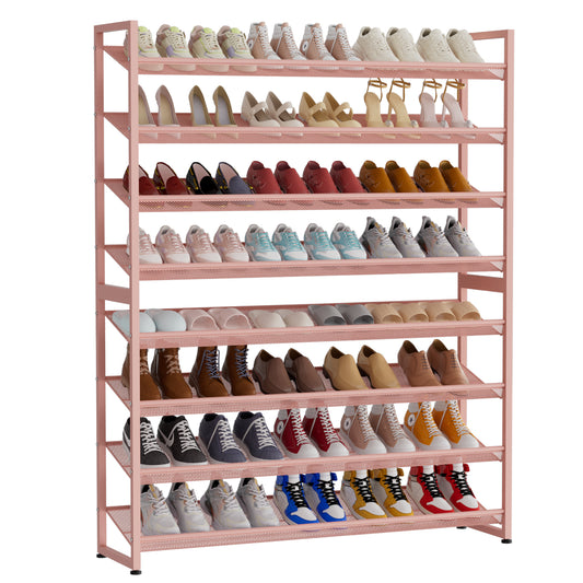 Large Shoe Rack 8 Tier Shoe Organizer, Heavy Duty Metal 4-Tier Stackable Shoe Storage Vertical Shoe Rack for Closet Front Door Entrance, Up to 50 Pairs, 44.8" W x 11.4" D x 56.7" H, Pink