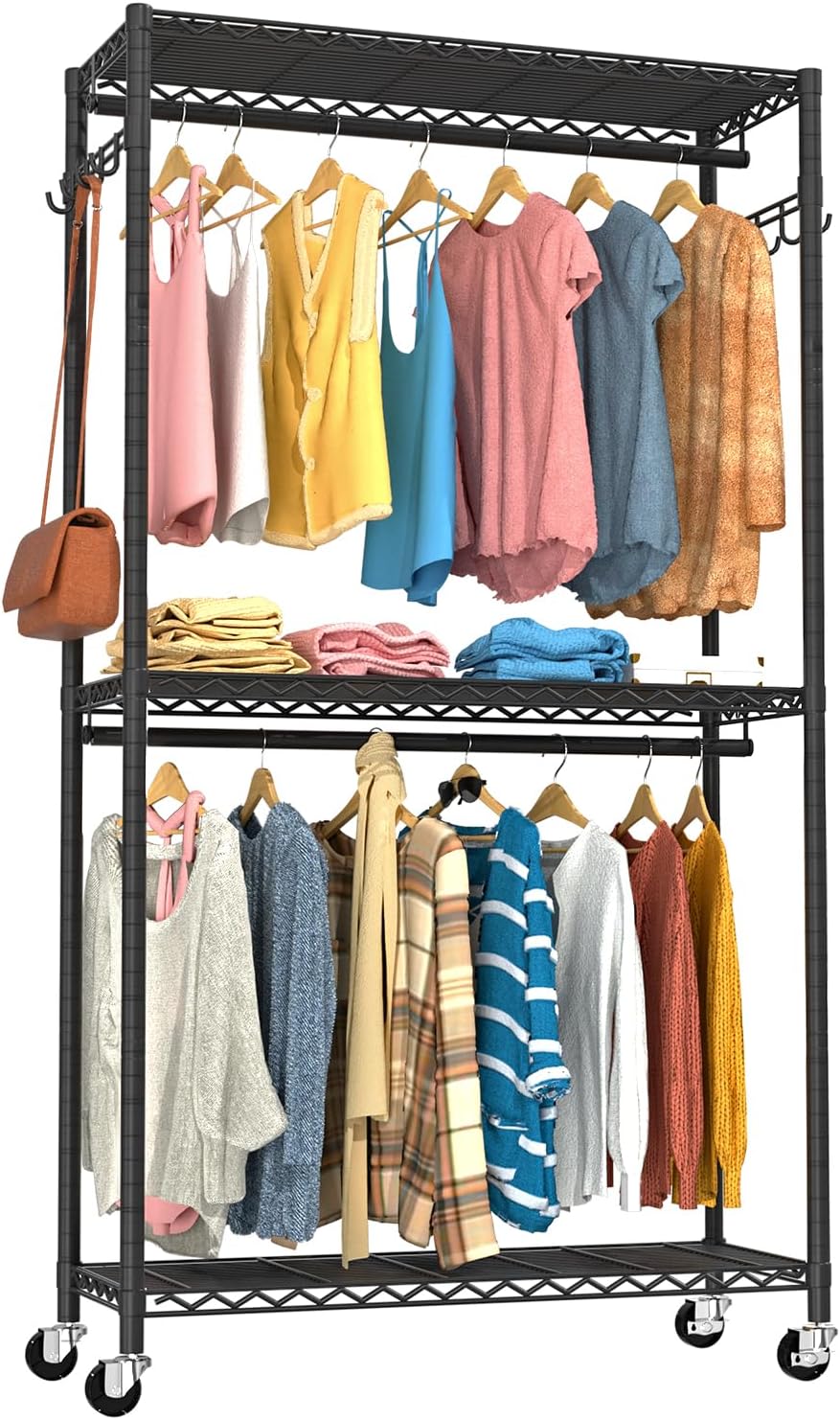 VyGrow Clothes Rack, Clothing Racks for Hanging Clothes, 3 Tiers Adjustable Garment Rack with Wheels | Double Rods | Side Hooks | Heavy Duty | Load 445lbs | 15.7" D x 35.43" W x 78.34" H | Black