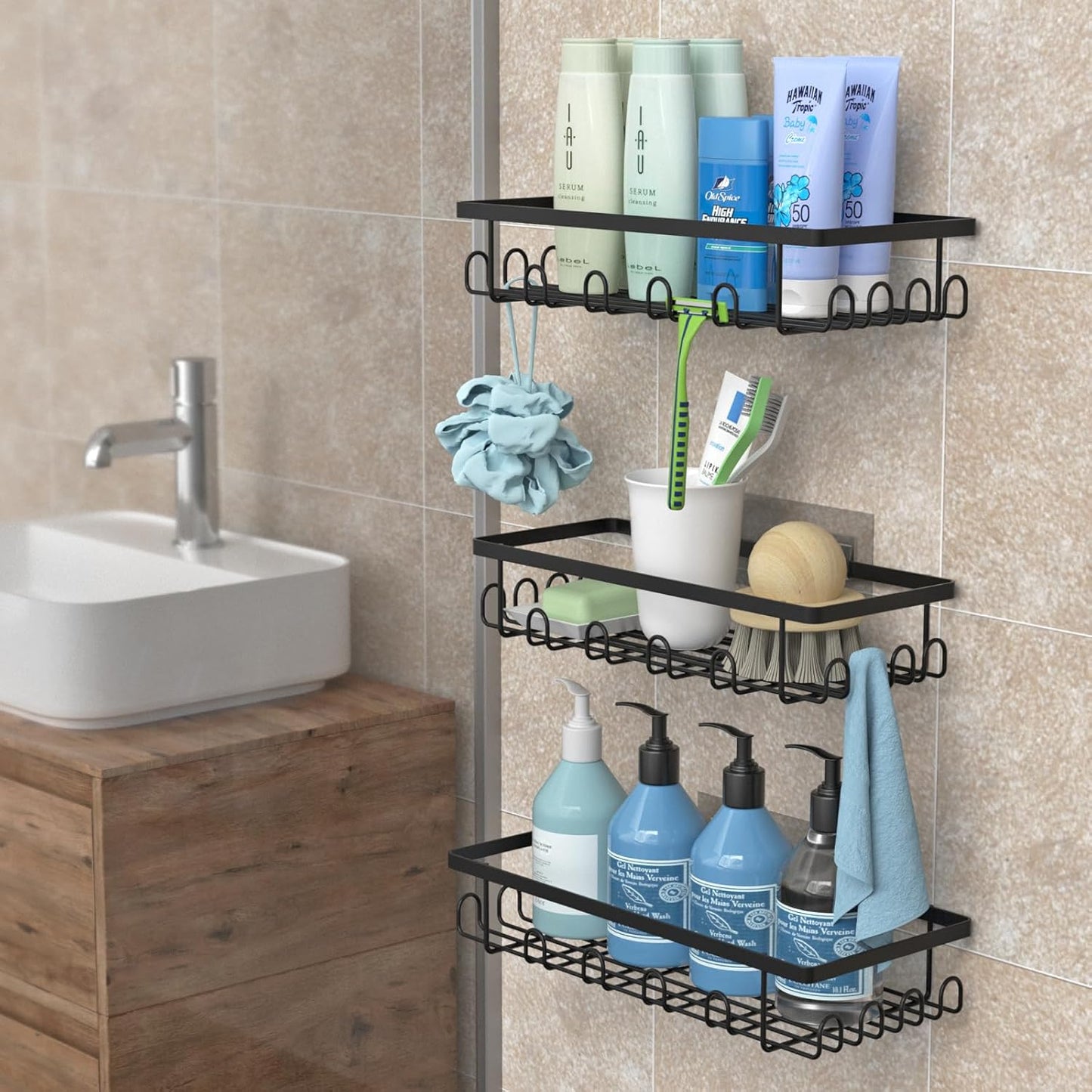 VyGrow 3 Pack Adhesive Shower Caddy with 36 Hooks, Shower Organizer with Large Capacity, Rust Proof Shower Shelves Drill Free, for Bathroom Storage & Home Decor, Black
