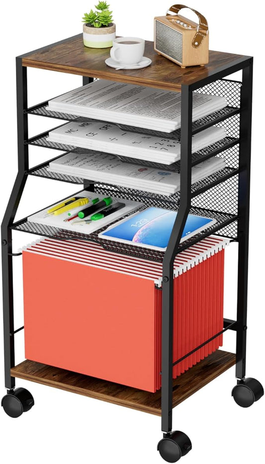 BOHDK Rolling File Cart, 6-Tier Under Desk Organizer on Lockable Wheels, Brown Wood Planks & Mesh File Cart with Hanging File Folders Rack and Paper Trays for Office Home, 14.7" L x 11.8" D x 27.5" H