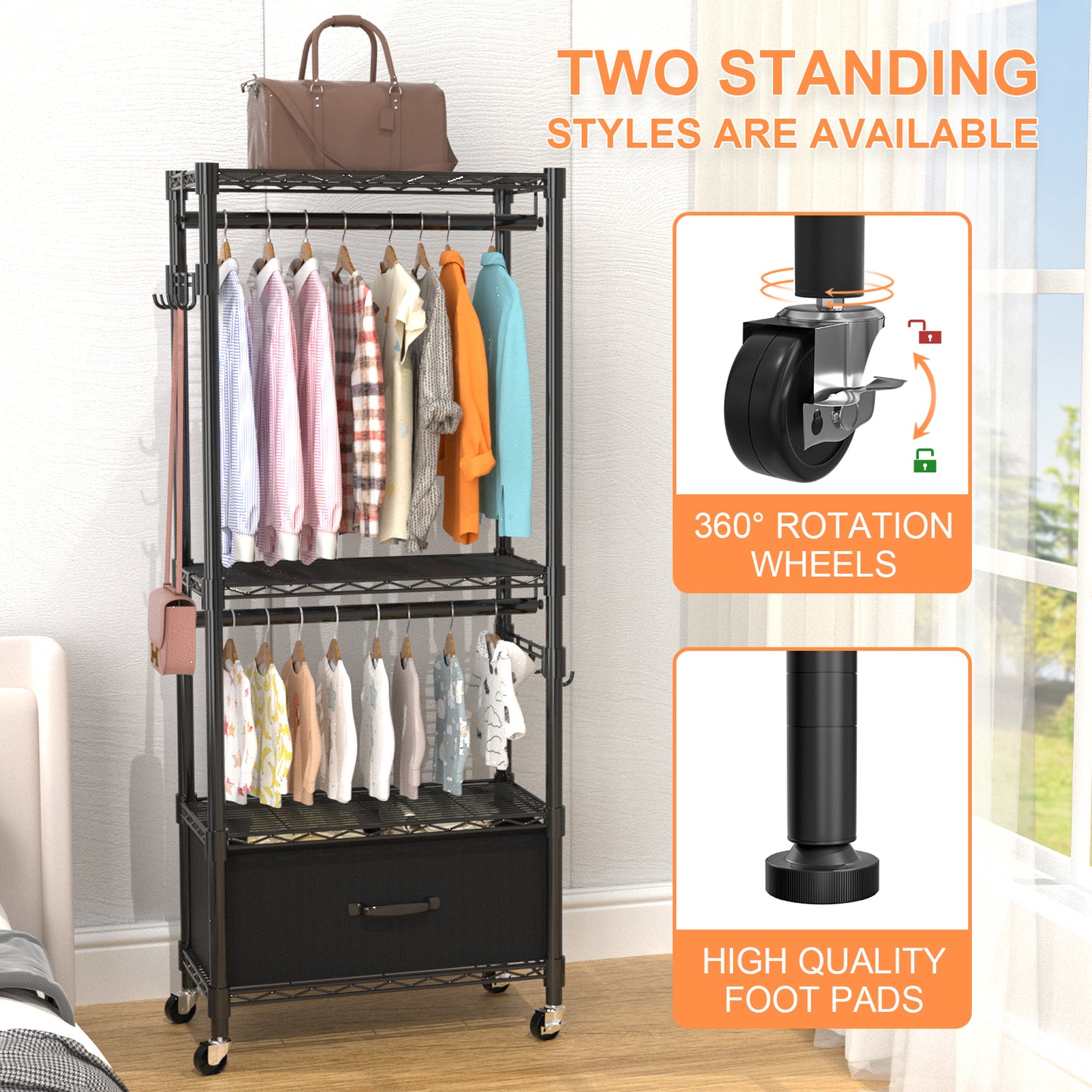 VyGrow Clothes Rack, Clothing Rack for Hanging Clothes, Kids Clothes Rack, 4 Tiers Adjustable Closet Organizer with Drawer | Double Rods | Side Hooks | Load 445lbs | ‎13.18" D x 23" W x 78.74" H