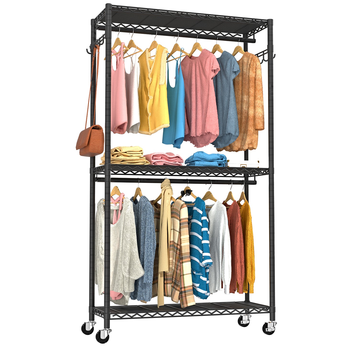 VyGrow Clothes Rack, Clothing Racks for Hanging Clothes, 3 Tiers Adjustable Garment Rack with Wheels | Double Rods | Side Hooks | Heavy Duty | Load 445lbs | 15.7" D x 35.43" W x 78.34" H | Black