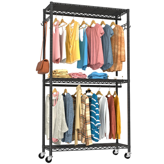 VyGrow Clothes Rack, Clothing Racks for Hanging Clothes, 3 Tiers Adjustable Garment Rack with Wheels | Double Rods | Side Hooks | Heavy Duty | Load 445lbs | 15.7" D x 35.43" W x 78.34" H | Black