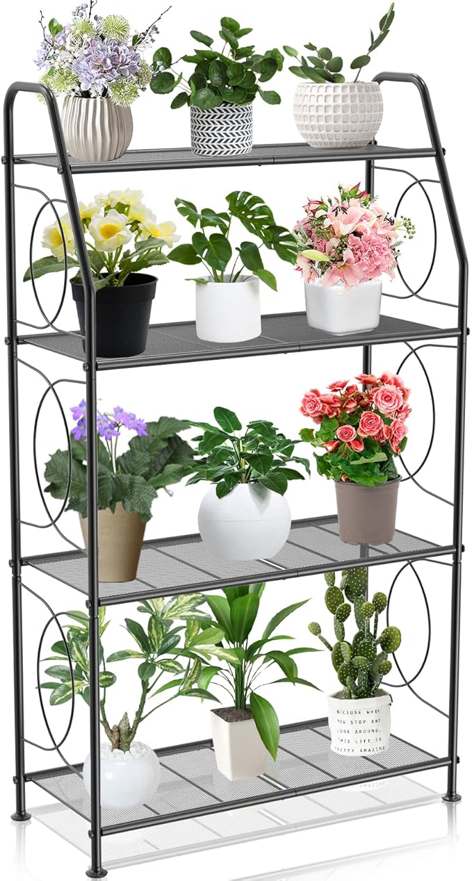VyGrow Plant Stand, 4 Tier Plant Shelf for Indoor Outdoor, Heavy Duty Metal Tall Plant Stands Holder Rack for Living Room Balcony and Garden, Black