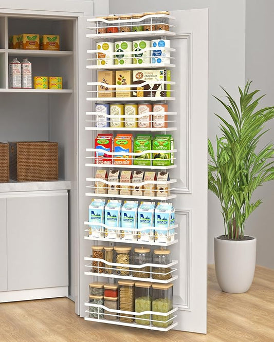 VyGrow 9-Tier Over The Door Pantry Organizer, Metal Pantry Organizers and Storage with Adjustable Basket, Spice Rack Seasoning Shelves, Over the Door Organizer for Pantry Kitchen Laundry, White