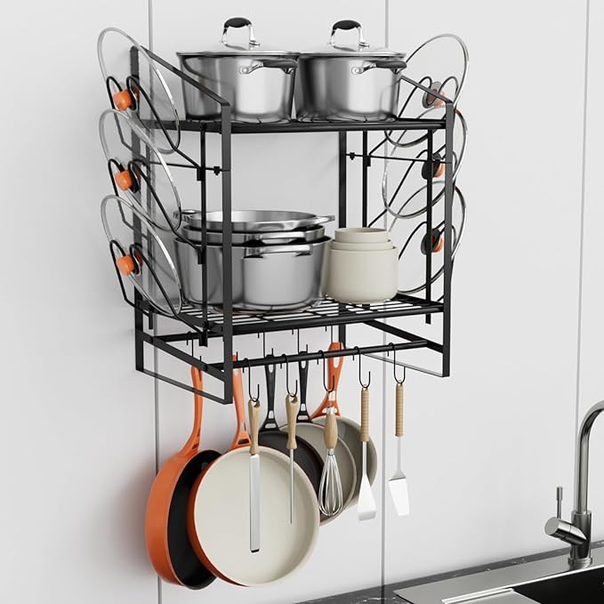 VyGrow 17 Inch Pot Rack Wall Mounted, 2 Tier Pots and Pans Organizer with 10 Hooks and 6 Pot Lid Holders, Heavy Duty Steel Pot and Pan Hanger for Kitchen Cookware Utensils Storage 24
