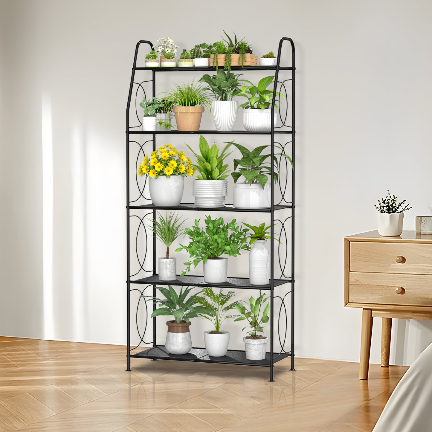 VyGrow 5 Tier Plant Stand Indoor Outdoor, Heavy Duty Plant Shelf, Metal Mesh Tall Plant Stands Holder Rack for Living Room Balcony and Garden, Black