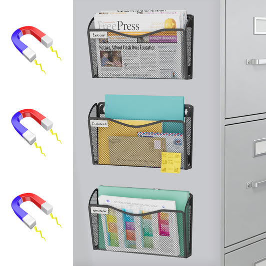 Magnetic Wall File Holder 3-Pack - Mesh Organizer with Strong Magnets for Office, Home & School - Space Saving Black Document Organizer