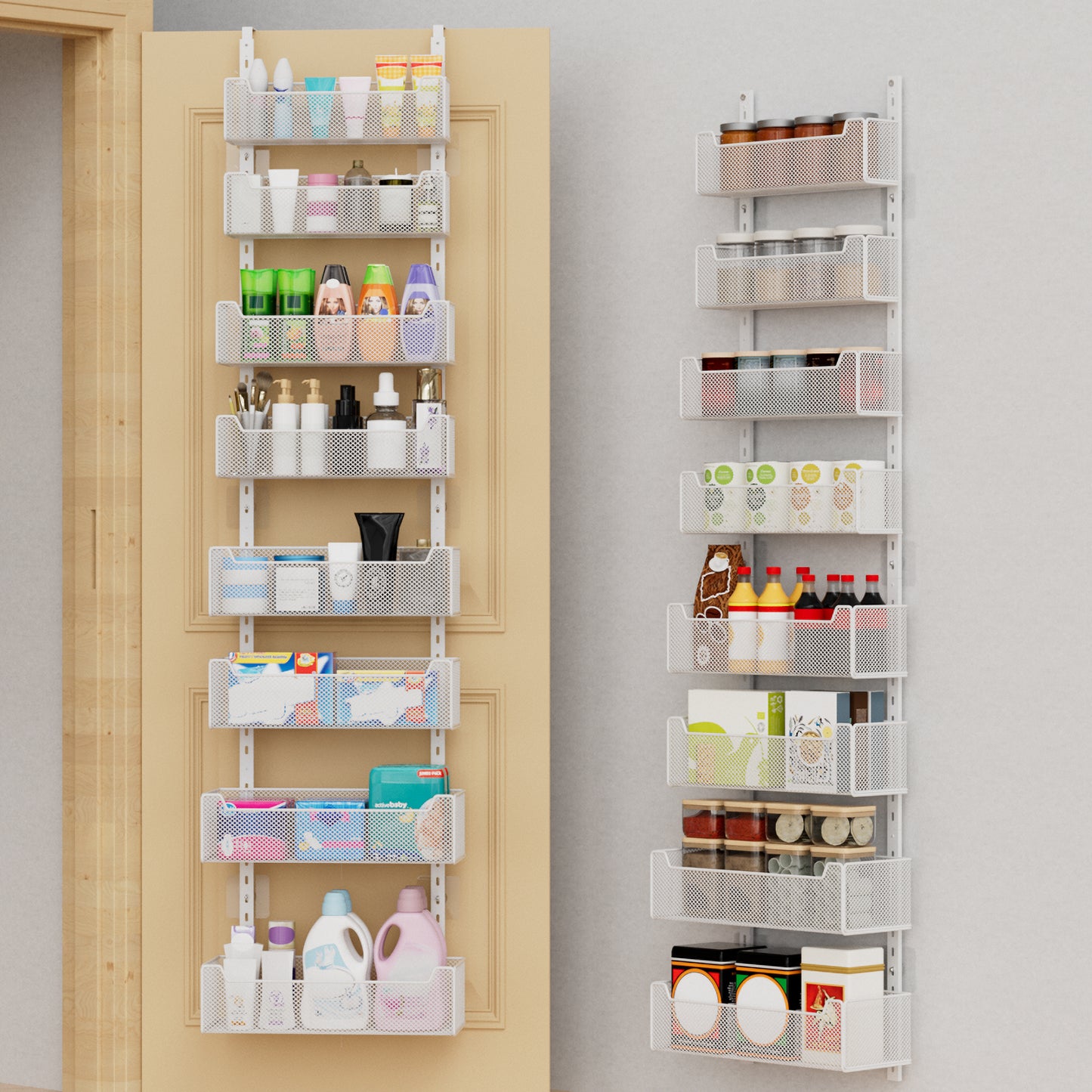 VyGrow Over The Door Organizer, 8-tier Metal Door Organizer Hanging with Adjustable Baskets, Behind The Door Storage for Bedroom Closet Bathroom Pantry Cabinet Kitchen, White