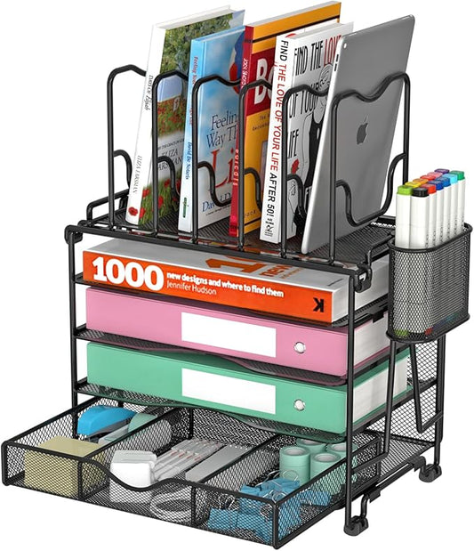 BOHDK Mesh Desk Organizer, 3-IN-1 Desktop Organizer with 4 Tier Tray and 5 Upright Sections, File Organizer for Desk with Sliding Drawer, Black