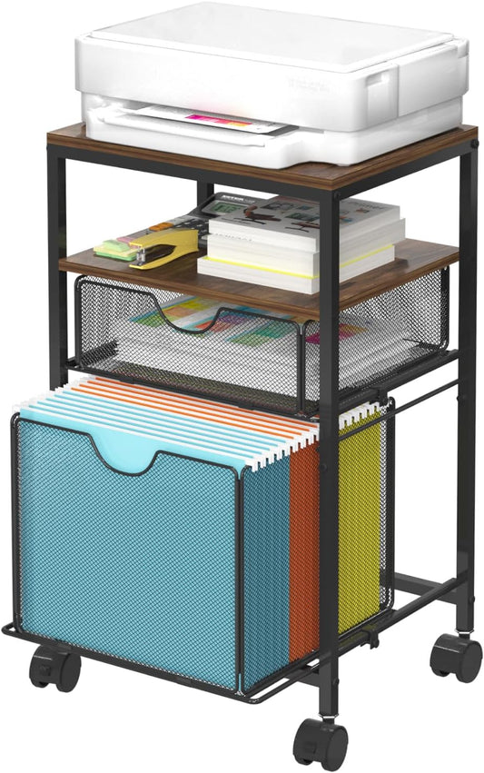 BOHDK Rolling File Cart with 2 Storage Drawers, Wood & Mesh Hanging File Folder Organizer with Wheels Under Desk, File Cabinets for Home Office, 14.7" L x 11.8" D x 25.3" H