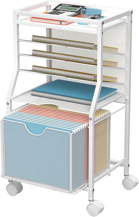 BOHDK Rolling File Cart, 6-Tier Desk File Organizer on Lockable Wheels, White Wood Planks & Mesh Sliding Hanging Folder Drawer, Organization Cart for Office Home School