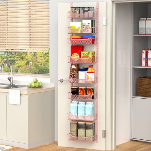 VyGrow 12.3" W Narrow Over the Door Pantry Organizer, 8-Tier Over the Door Organizer with Adjustable Basket, Pantry Door Organization for Pantry Kitchen Storage Room Spice Rack, Pink