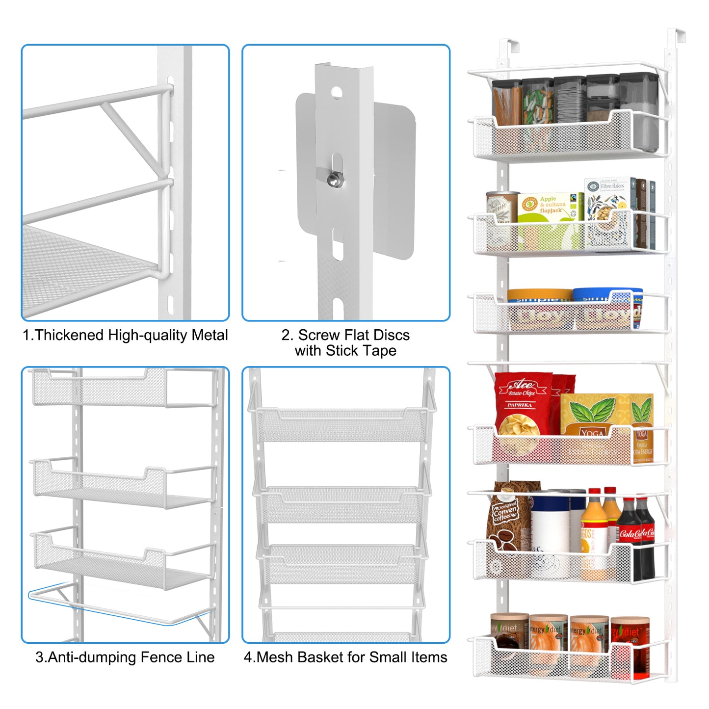 VyGrow 12.3" W Narrow Over the Door Pantry Organizer, 6-Tier Over the Door Organizer with Adjustable Basket, Pantry Door Organization for Pantry Kitchen Storage Room Spice Rack, White