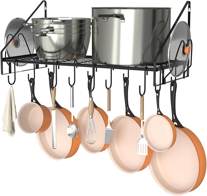 VyGrow 28 Inch Pot Rack Wall Mounted, Pots and Pans Organizer with 12 Hooks and 2 Pot Lid Holders, Heavy Duty Steel Pot and Pan Hanger for Kitchen Cookware Utensils Storage 34.7" Lx13 Wx12.6 H