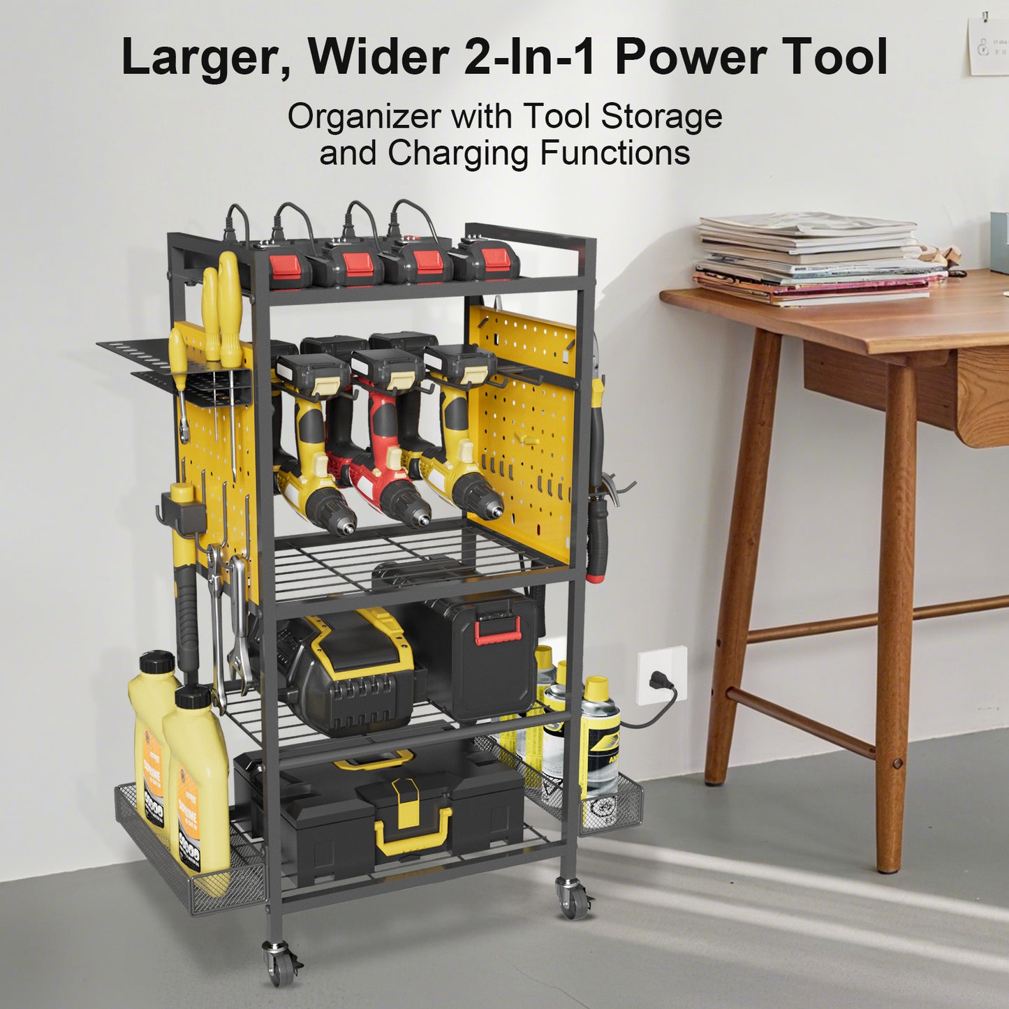 Power Tool Organizer Cart with Charging Station, Heavy Duty Garage Tool Organizer Rolling Tool Battery Storage with 8-Outlet Power Strip, 4 Wheels, 2 Hanging Baskets, Hooks, Drill Bit Holder, Yellow