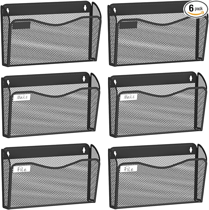 BOHDK Wall File Organizer, Mesh Hanging File Organizer, Home Office Organization and Storage, 6 Single Pockets Document Magazine Rack