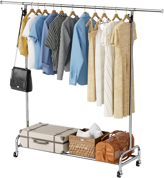 NEYCIL Standard Clothing Garment Rack with Wheels, 47.05" to 65.94" Adjustable Chrome Clothes Rack for Hanging Clothes, Portable Rolling Clothing Rack with Lockable Casters for Bedroom, Laundry Room