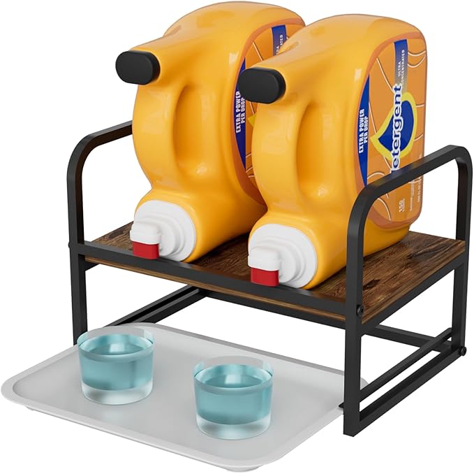 NEYCIL Laundry Detergent Holder, Wooden Laundry Detergent Holder Stand, Metal Laundry Liquid Detergent Organizer with Drip Tray for Laundry Room Organization and Storage, Black