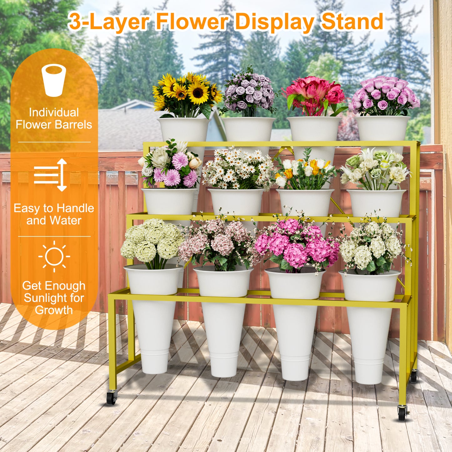 Flower Stand, 3-Tier Flower Display Stand with Buckets for Indoor Outdoor, Flower Cart Display Stand with Wheels for Courtyard, Balcony, Flower Shop, Wedding, Party, Exhibition (Gold)