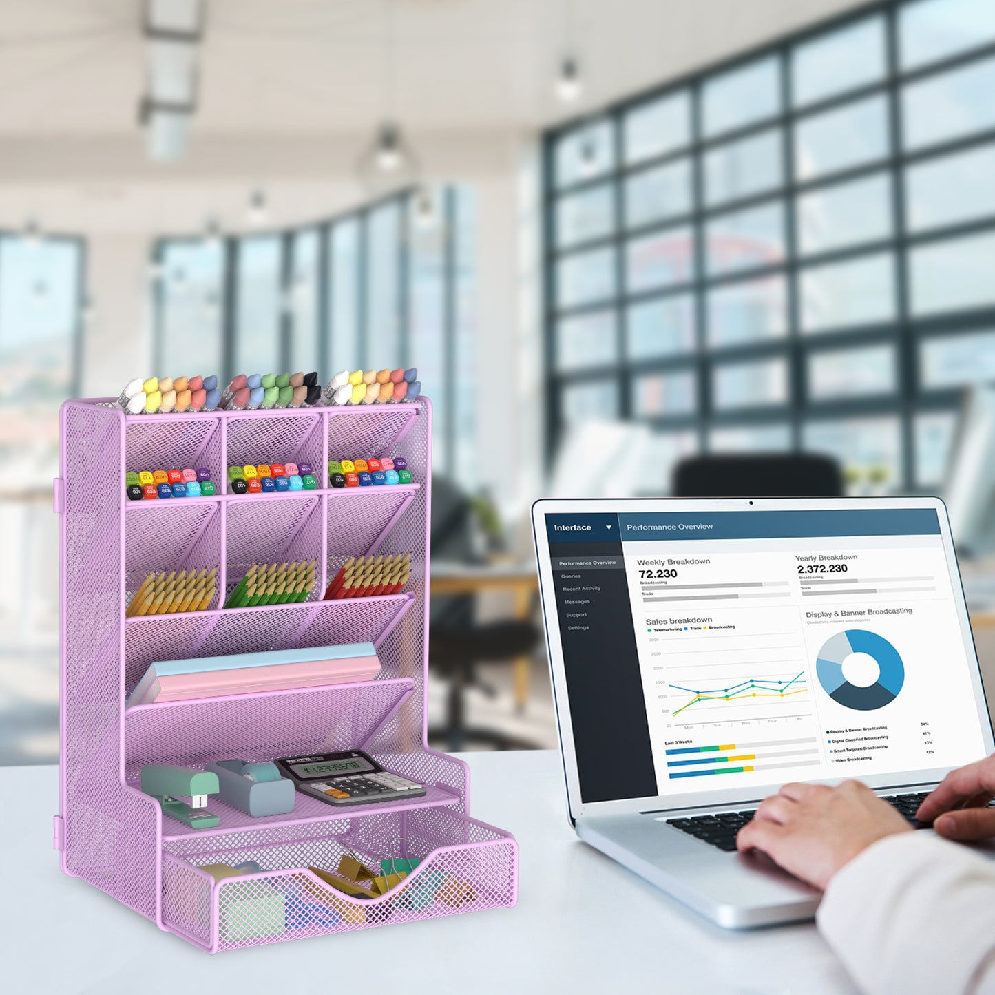 Pen Organizer for Desk, Multi-Functional Desk Organizer, Wall Mount Pen Holder with Drawer for School, Office, Home, Art Supplies, Black