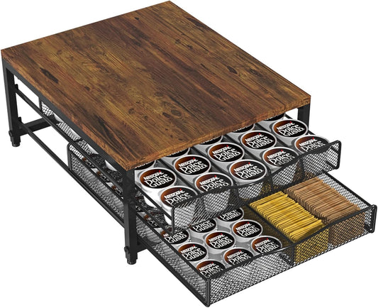 VyGrow Coffee Pod Holder For Counter, Wooden K Cup Holder with Sliding Drawer, Large Capacity Coffee Pod Storage for Coffee Station, Home, Office, Kitchen