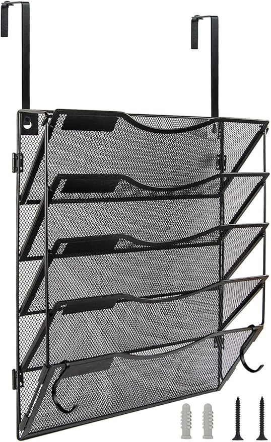 BOHDK Wall File Organizer 3 Pockets, Mail Organizer, Hanging Folder Holder, Foldable | Hanging or Wall Mounted | Label Panel | 2 Hooks | Office Home School Organizer, Black