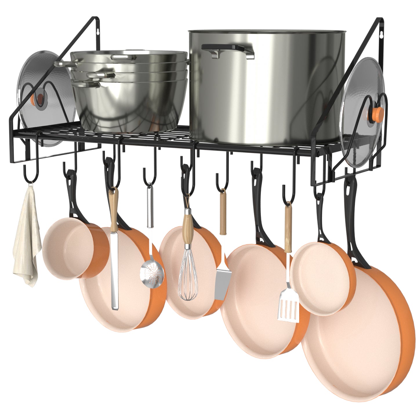 VyGrow 28 Inch Pot Rack Wall Mounted, Pots and Pans Organizer with 12 Hooks and 2 Pot Lid Holders, Heavy Duty Steel Pot and Pan Hanger for Kitchen Cookware Utensils Storage 34.7" Lx13 Wx12.6 H