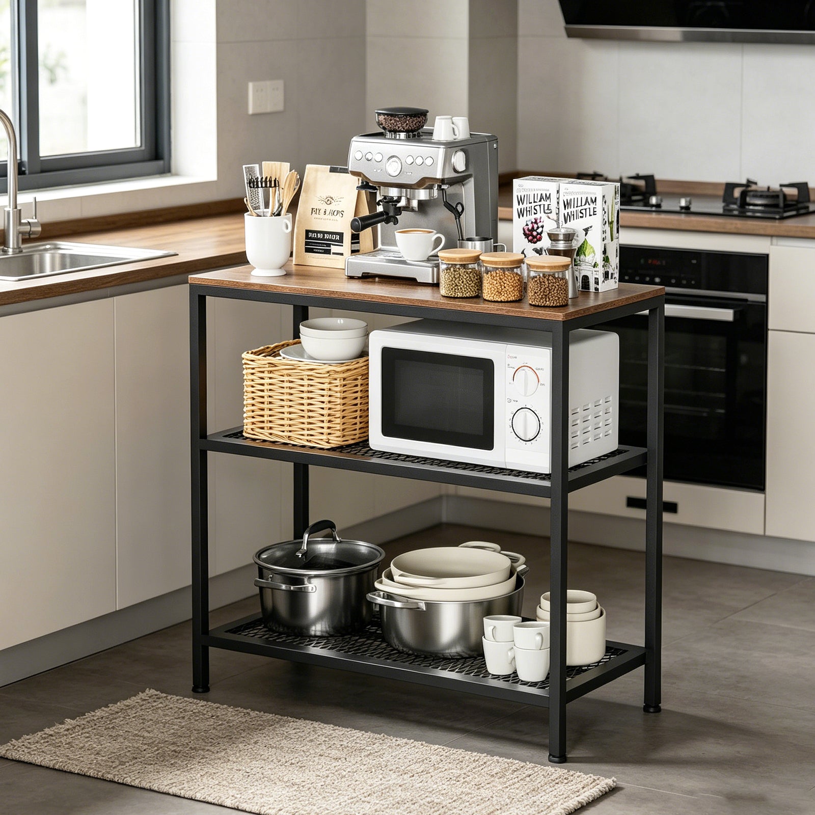 Kitchen Island with 3 Tier Storage, Height-Adjustable Kitchen Shelf, Microwave Stand for Dining, Sturdy Metal Frame, 30.7