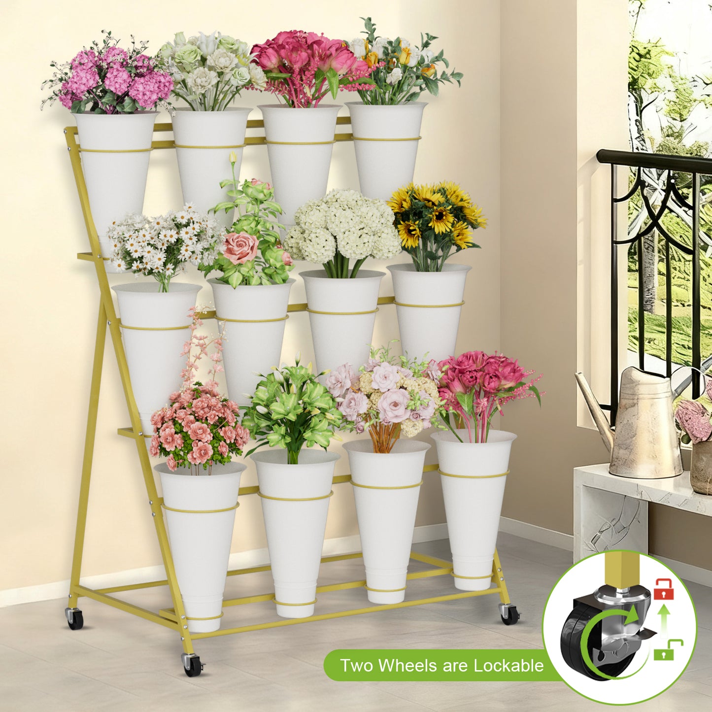 Flower Stand, 3 Tier Flower Display Stand with 12 Buckets, Upgrade Double Circle No Shaking, Outdoor Flower Cart with Wheels for Patio, Garden, Shop, Wedding, Party, Exhibition, Indoor, Gold