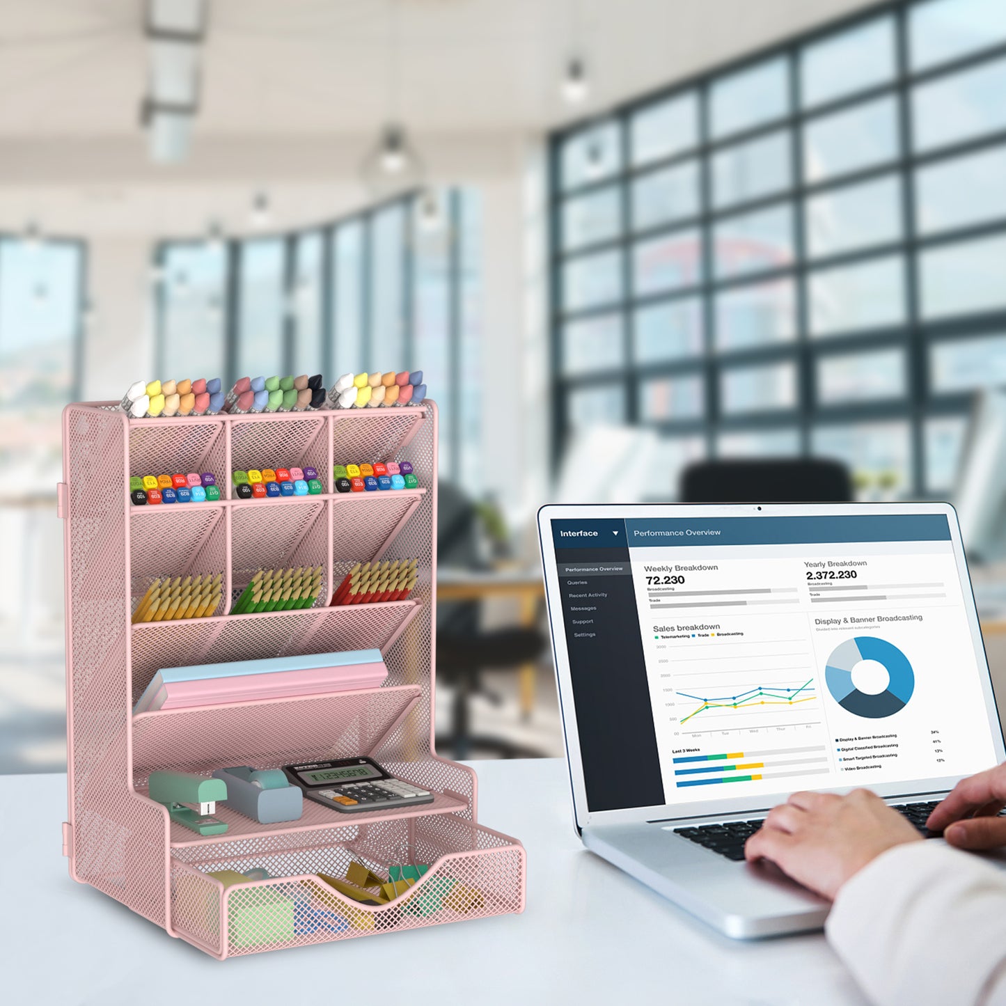Pen Organizer for Desk, Multi-Functional Desk Organizer, Wall Mount Pen Holder with Drawer for School, Office, Home, Art Supplies, Pink