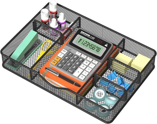 VyGrow Desk Drawer Organizer, Metal Mesh Drawer Organizer Tray with 6 Adjustable Compartment, Tray Organizer for Desktop, Kitchen, Bathroom, Makeup, Vanity - 14.5x8.8x1.96 inch, Black, 1PC Large