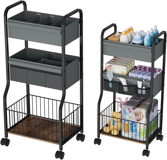 NEYCIL Baby Organizers and Storage, 3-Tier Diaper Caddy Organizer Cart with Lockable Wheels | 4+3 Dividers, Cart for Baby Supplies, Baby Organization for Nursery, Bedroom, Bathroom