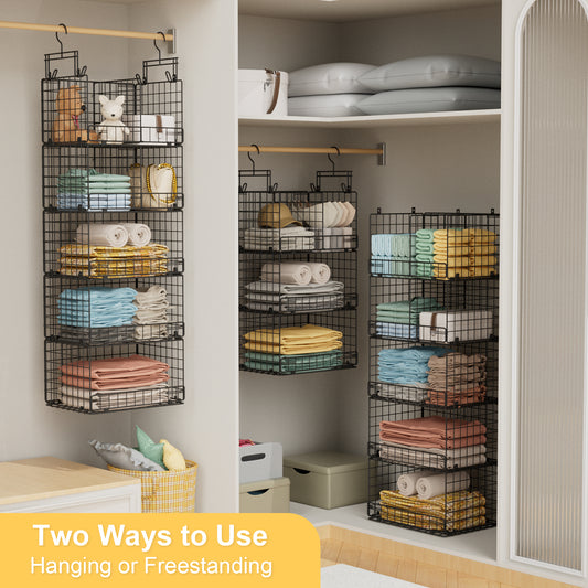 VyGrow 5 Tier Hanging Closet Organizer with Adjustable Dividers, Heavy-Duty Storage Shelves for Clothing, Kitchen, Laundry Room, Extra Large Baskets, 15.7" W x 11.8" D x 51" H, Black