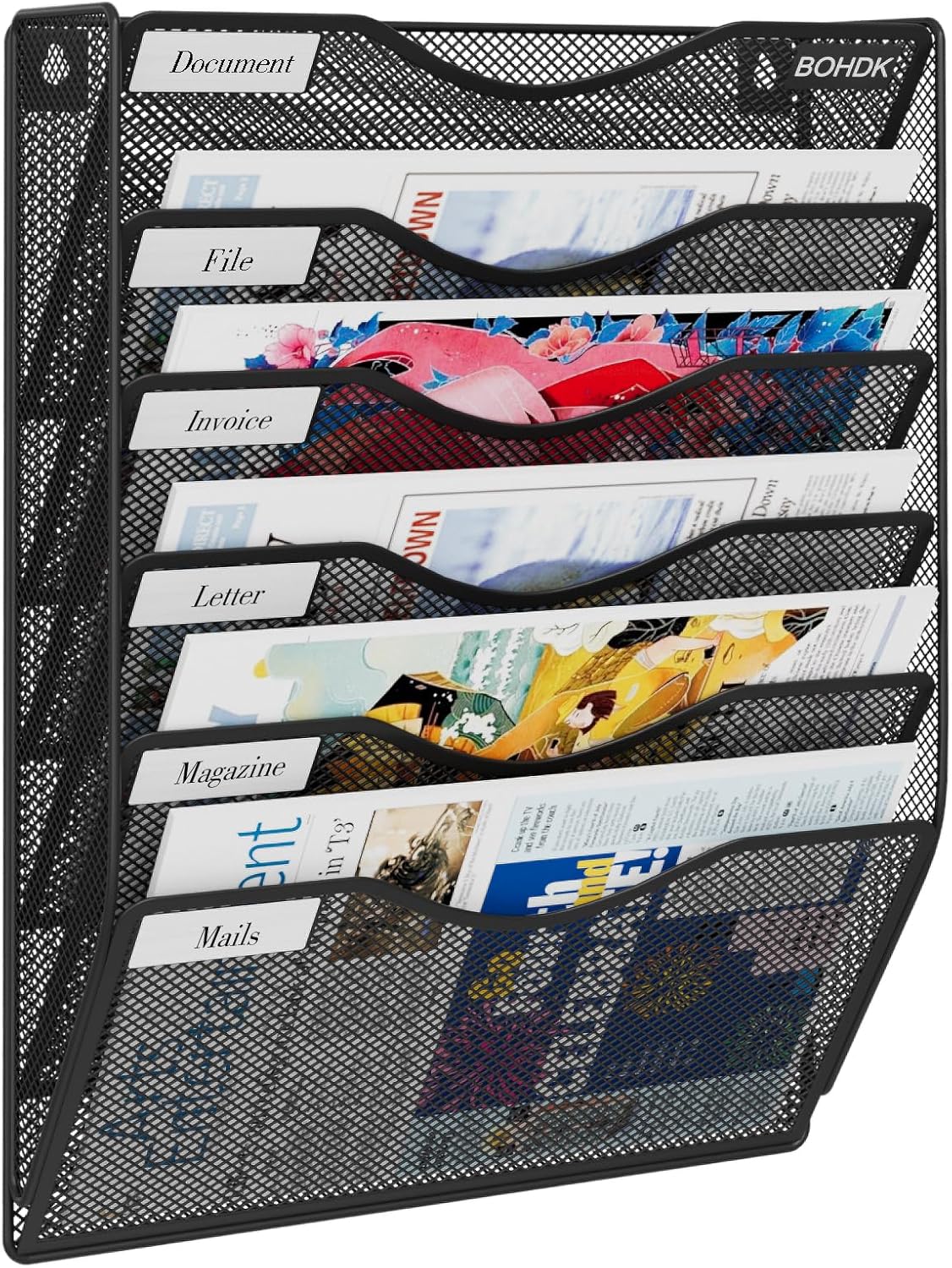 BOHDK Wall File Organizer, 6 Tier Hanging File Folder Mail Organizer, Vertical Mesh Metal Wall Mount Hanging File Holder, Paper Document Magazine Rack for Home Office Black