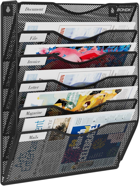 BOHDK Wall File Organizer, 6 Tier Hanging File Folder Mail Organizer, Vertical Mesh Metal Wall Mount Hanging File Holder, Paper Document Magazine Rack for Home Office Black