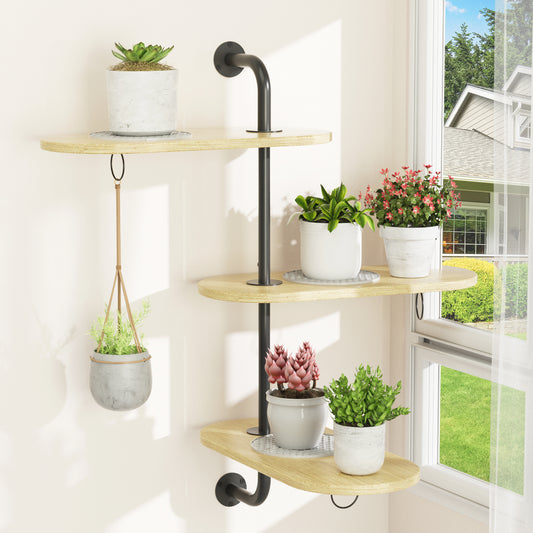 Rotating Window Plant Shelves with 3 Anti-slip Mats, 3 Tier Plant Stand Indoor Outdoor, Wooden Window Plant Shelf with 3 Circle Hook, Hanging Plant Holder for Window, Potted Plants, Flowerpots (Oak Color, 3 Tier)