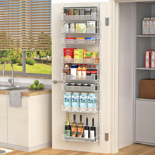 VyGrow Over the Door Pantry Organizer, 6-Tier Over the Door Organizer with Adjustable Basket, Pantry Door Organization for Pantry Kitchen Storage Room Spice Rack, White