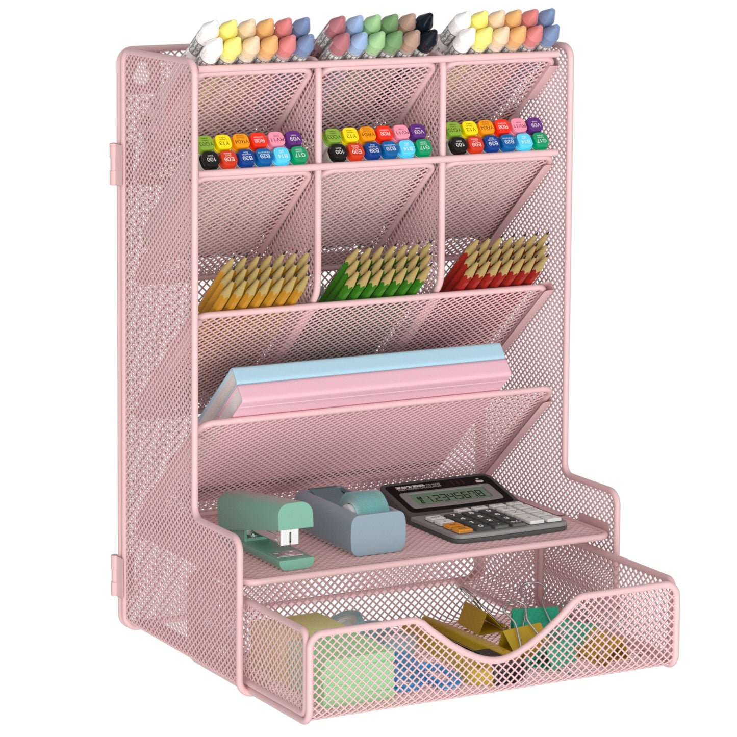 Pen Organizer for Desk, Multi-Functional Desk Organizer, Wall Mount Pen Holder with Drawer for School, Office, Home, Art Supplies, Pink