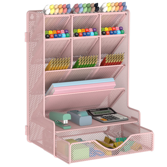 Pen Organizer for Desk, Multi-Functional Desk Organizer, Wall Mount Pen Holder with Drawer for School, Office, Home, Art Supplies, Pink
