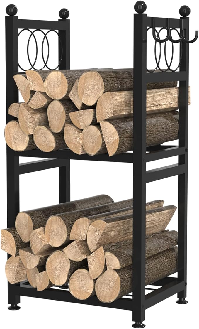 VyGrow Firewood Rack for Indoor Outdoor, 2-Tier Firewood Holder with 3 Hanging Hooks, Heavy Duty Wood Rack for Fireplace, Outdoor Patio, Fire Pit, Black