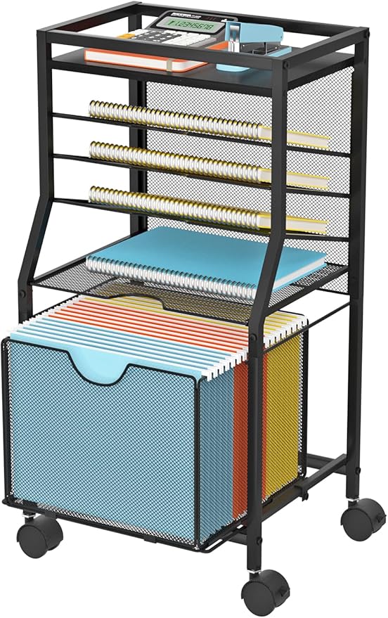 BOHDK Rolling File Cart, 6-Tier Desk File Organizer on Lockable Wheels, Black Wood Planks & Mesh Sliding Hanging Folder Drawer, Organization Cart for Office Home School