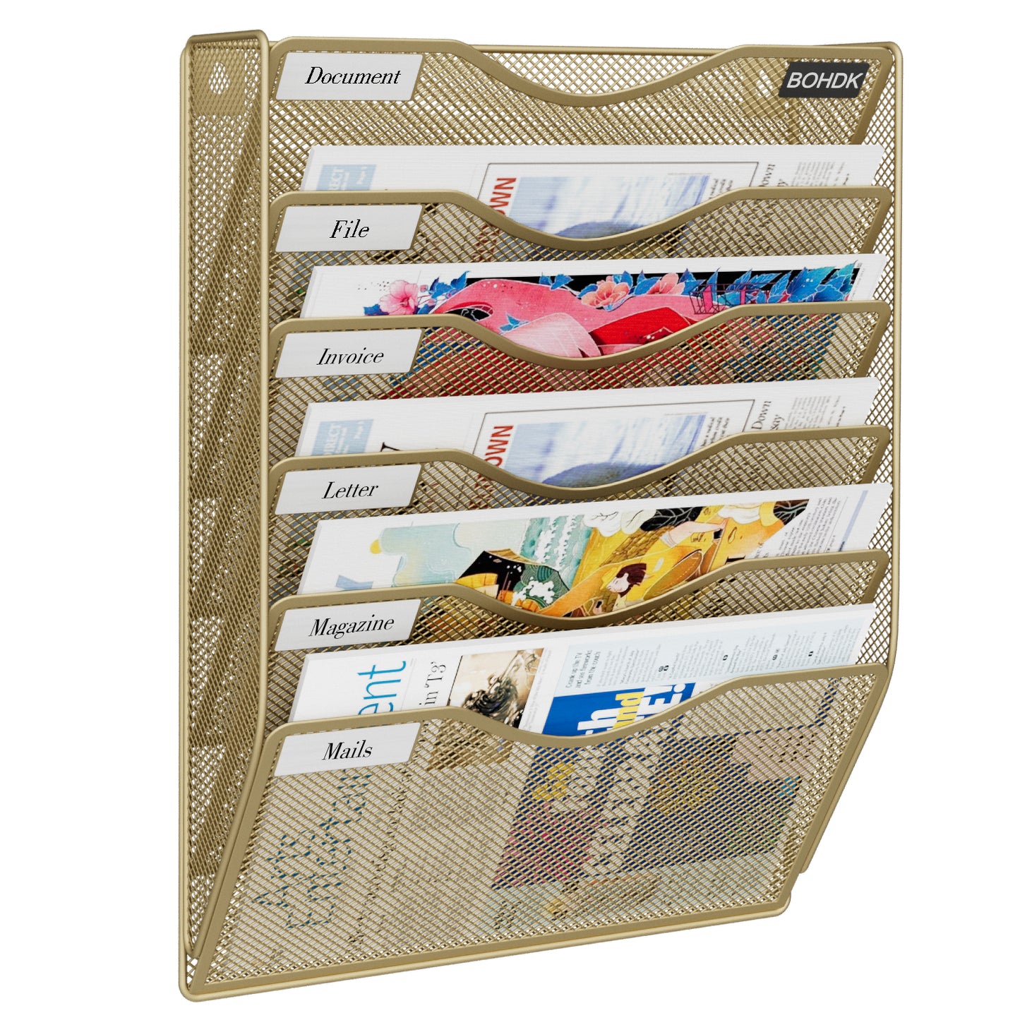 Wall File Organizer, Hanging File Folder Mail Organizer, Vertical Mesh Metal Door/Wall Mount Hanging File Holder, Paper Document Magazine Rack with Hooks for Home Office (6 Tier Gold)