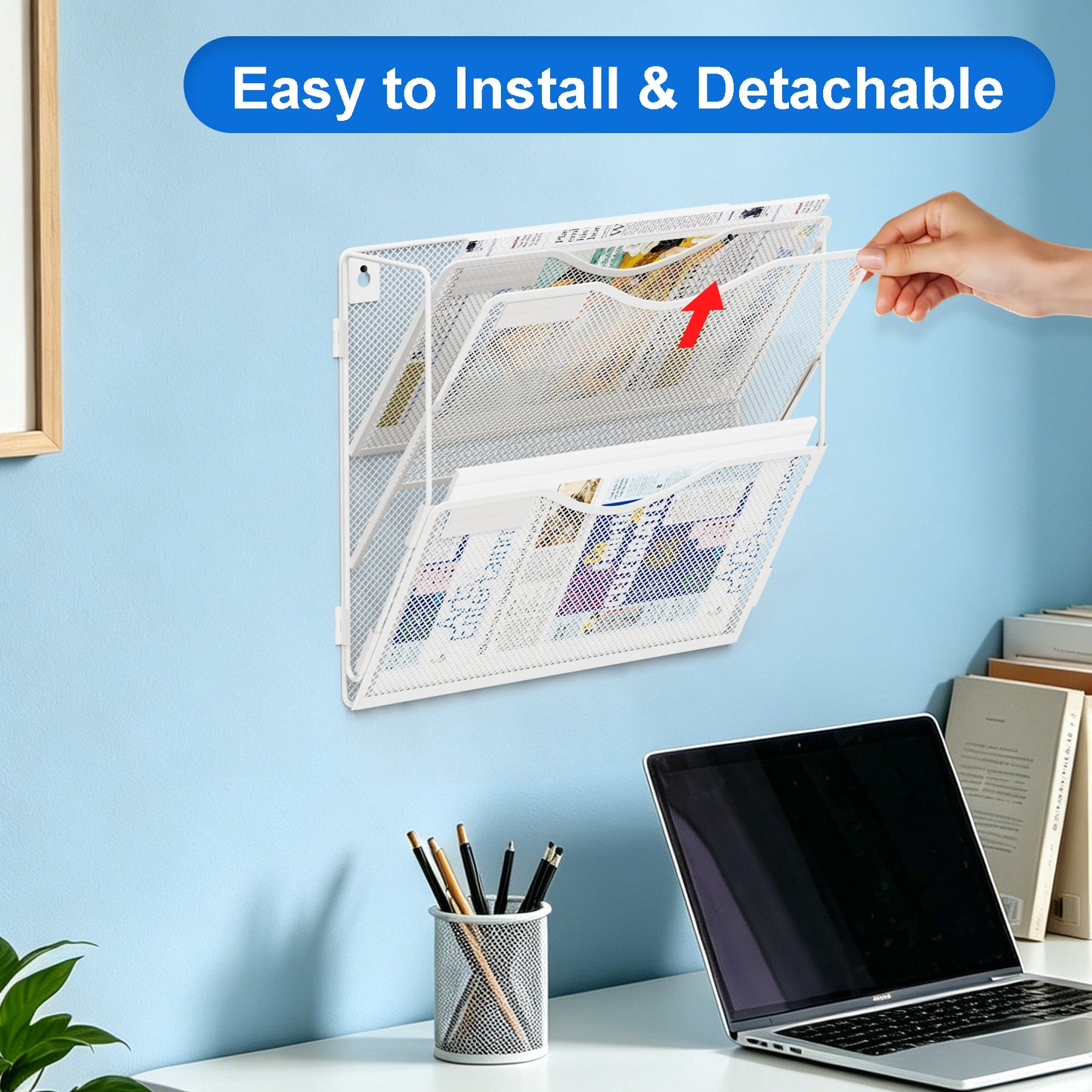 Wall File Organizer, Hanging File Folder Organizer, Vertical Mesh Metal Door/Wall Mount Hanging File Holder. Paper Document Magazine Rack with Hooks for Home Office Black (3 Pockets White)